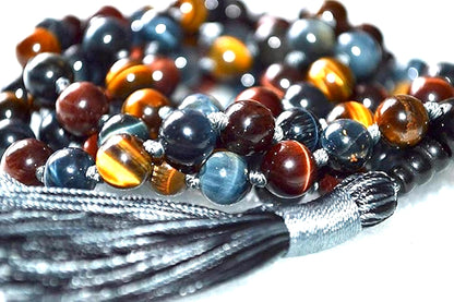 AWAKEN YOUR KUNDALINI Hand Knotted Multi-Color Tiger's Eye and Hawk's Eye Mala Necklace - Embrace Balance and Strength