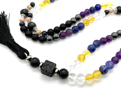 Empath Support Mala Beads Necklace – 8mm Gemstones & 12mm Lava Square | 108 Beads | 8 Protective Stones | Root to Crown Chakra Alignment | Ethically Sourced