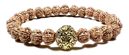 Unleash Inner Strength & Grounding: Handmade 5 Mukhi Rudraksha & Golden Polished Lion Head Bracelet (8mm) - Root Chakra & Universal Sun Sign