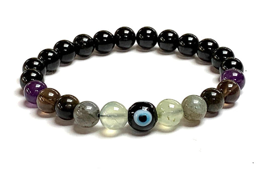 Protection Bracelet - February & October Birthstone Jewelry - Root & Third Eye Chakra - Evil Eye, Black Tourmaline, Prehnite, Labradorite Stretch Bracelet