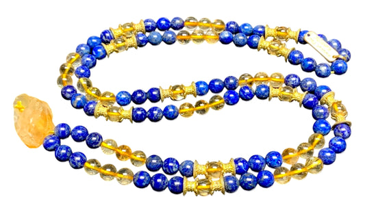Handmade Golden Wisdom Mala Necklace – Citrine & Lapis Lazuli | 8mm 108 Beads | Solar Plexus & Throat Chakras | November & September Birthstones | Ethically Sourced