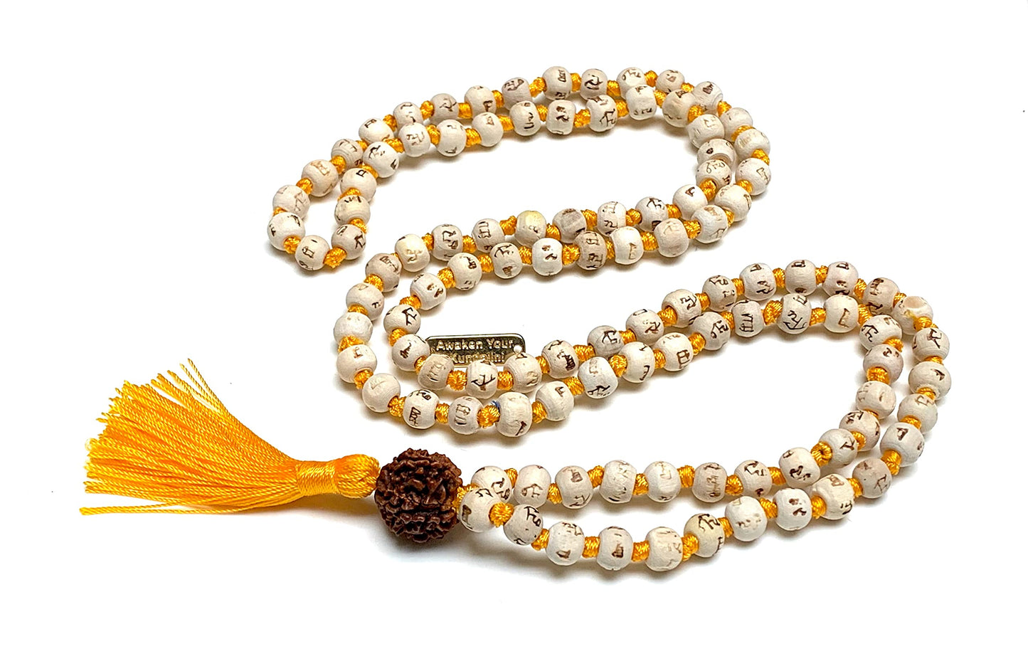 AWAKEN YOUR KUNDALINI Spiritual Harmony Tulsi Mala Necklace with 5 Mukhi Rudraksha - Cancerian Birthstone - Heart & Sacral Chakra Balance