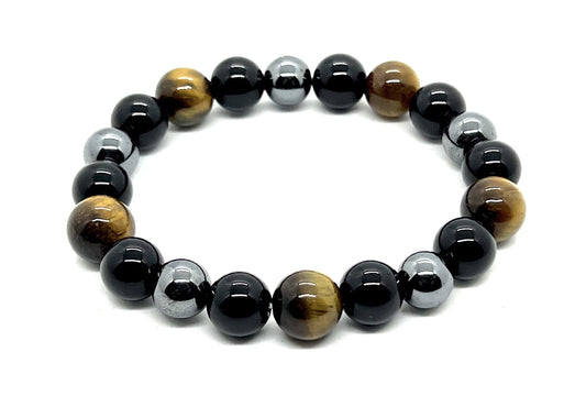 Triple Protection Bracelet - Tiger's Eye Black Tourmaline and Pyrite 10mm Beaded Stretch Bracelet - 7.5 Inches Wrist Size