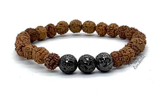 VULCAN 5 Mukhi Rudraksha & Gun Metal Lava Bracelet | Grounding & Spiritual Focus