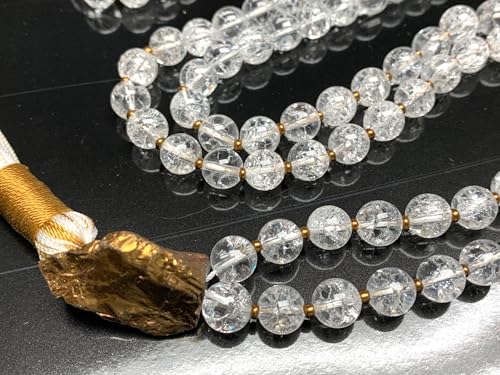 Handmade Himalayan Ice Crystal Quartz Mala Beads Necklace – Pyrite Guru Bead | 8mm 108 Beads | Crown & Solar Plexus Chakras | April Birthstone Energy | Ethically Sourced