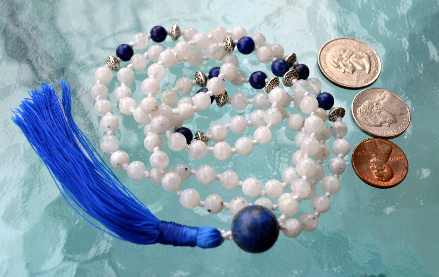 Awaken Your Kundalini 6 mm, 8 mm, AAA Grade Moonstone Mala Beads Necklace, (Knotted Moonstone & Lapis Lazuli, Moonstone bead ; 6 mm)