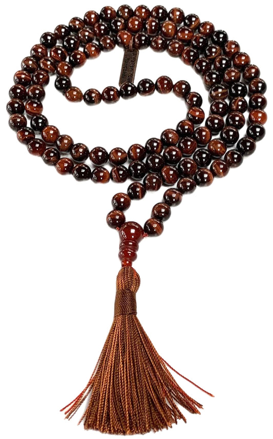 Tiger Eye Tiger's Eye Mala Beads Necklace 3rd Chakra Throat Chakra Healing Crystals 108 Prayer Beads - Grounding Integrity Will Power Intution Insomnia Libido Powerful (RED, Bead size 8 mm)