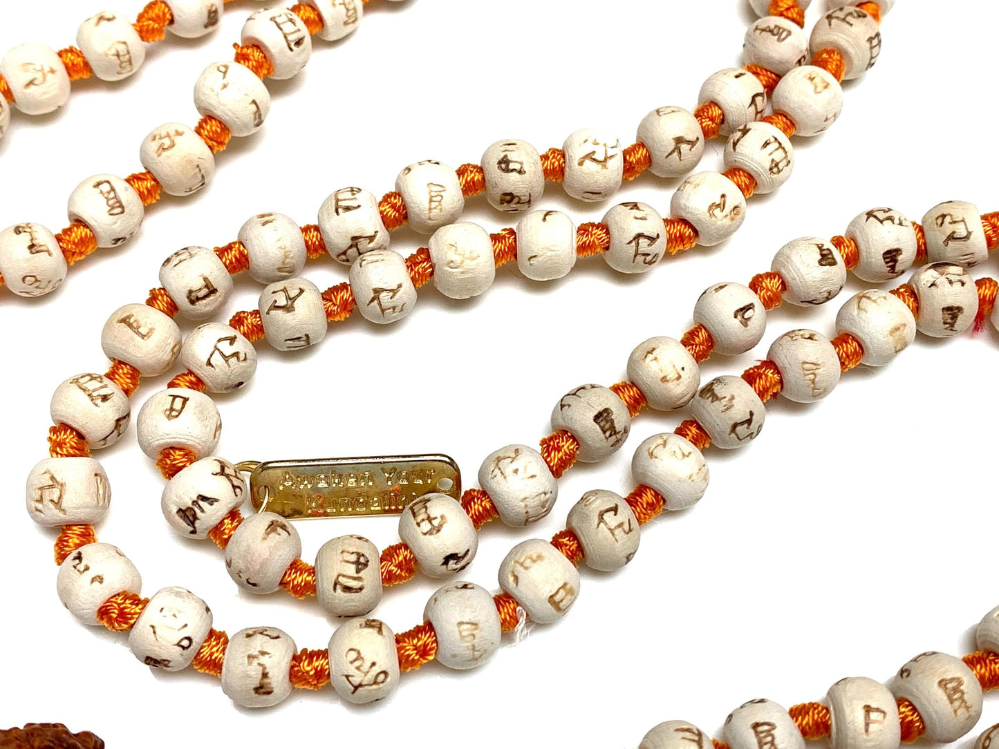 Tulsi Mala Beads Necklace w/ 5 Mukhi Rudraksha – 8mm Beads with "Ram" Inscription – Root Chakra & Aries Birthstone – Meditation Jewelry