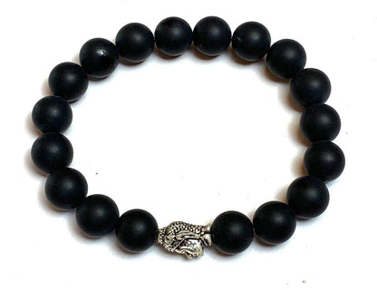 AWAKEN YOUR KUNDALINI Black Onyx & Buddha Head Stretch Bracelet, 10mm Beads, Leo Birthstone, Root Chakra Jewelry