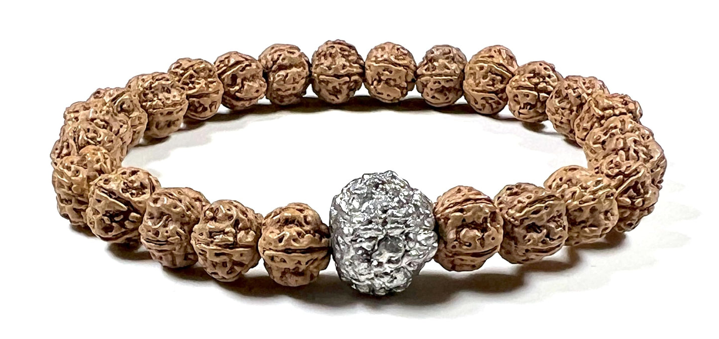 5 Mukhi Chikna Rudraksha with Parad (Mercury) Bead Stretch Bracelet – Leo Birthstone, Mercury Astrological Sign, Heart Chakra