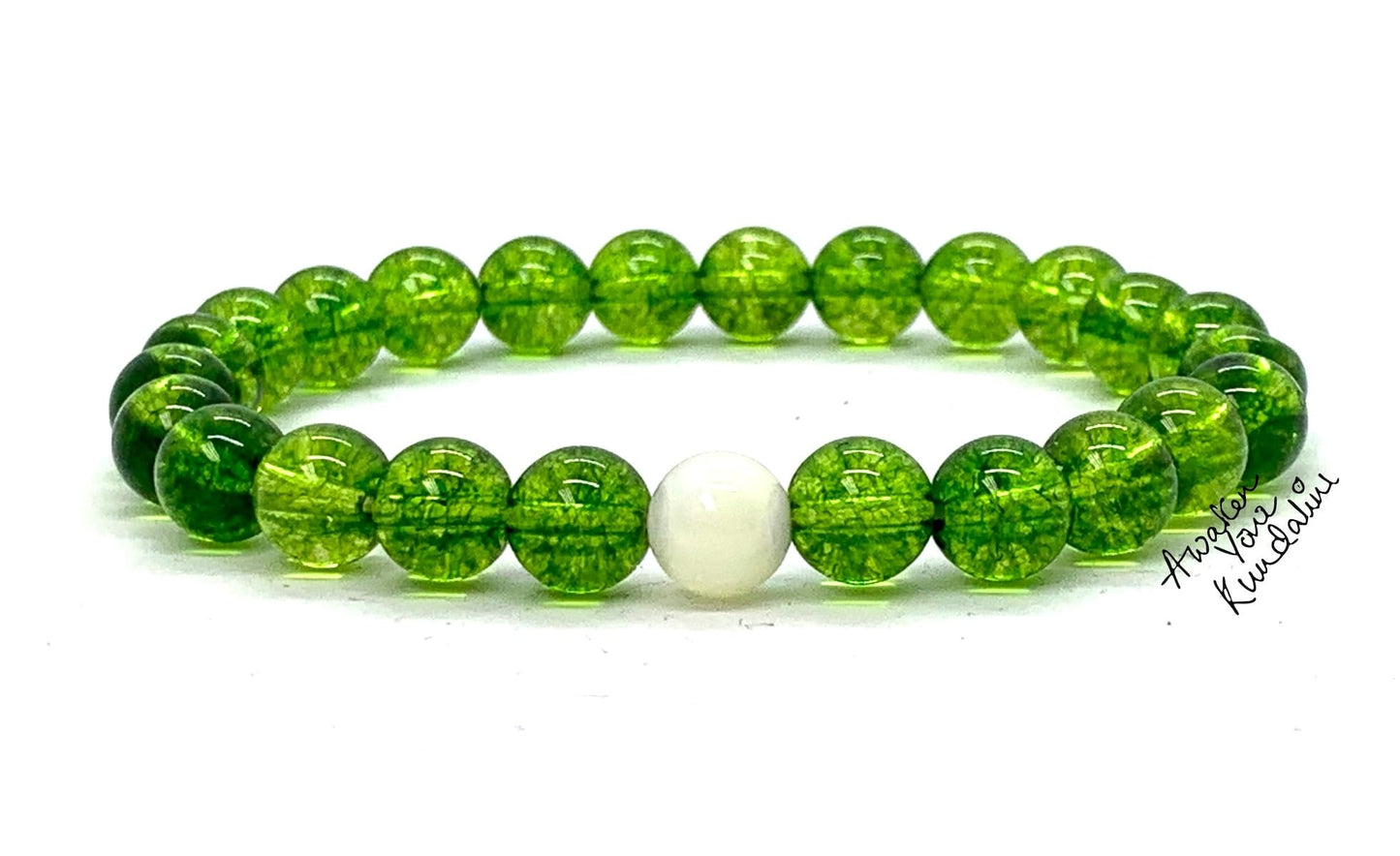 Handcrafted Peridot and Mother of Pearl Stretch Bracelet - August Birthstone for Leo and Virgo - Heart Chakra Alignment