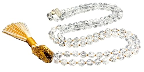 Handmade Himalayan Ice Crystal Quartz Mala Beads Necklace – Pyrite Guru Bead | 8mm 108 Beads | Crown & Solar Plexus Chakras | April Birthstone Energy | Ethically Sourced
