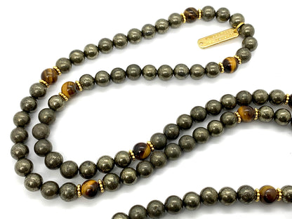 Stunning Pyrite Tiger's Eye Mala Beaded Necklace - Leo Virgo Birthstone for July August September - Sacral Solar Plexus Chakra Alignment