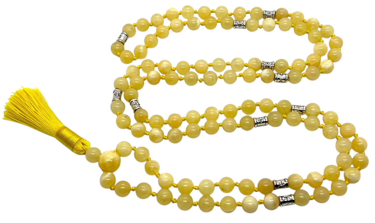 AWAKEN YOUR KUNDALINI Calcite Mala Beads Necklace, Taurus & Gemini Birthstone, Throat Chakra Harmony - Hand Knotted