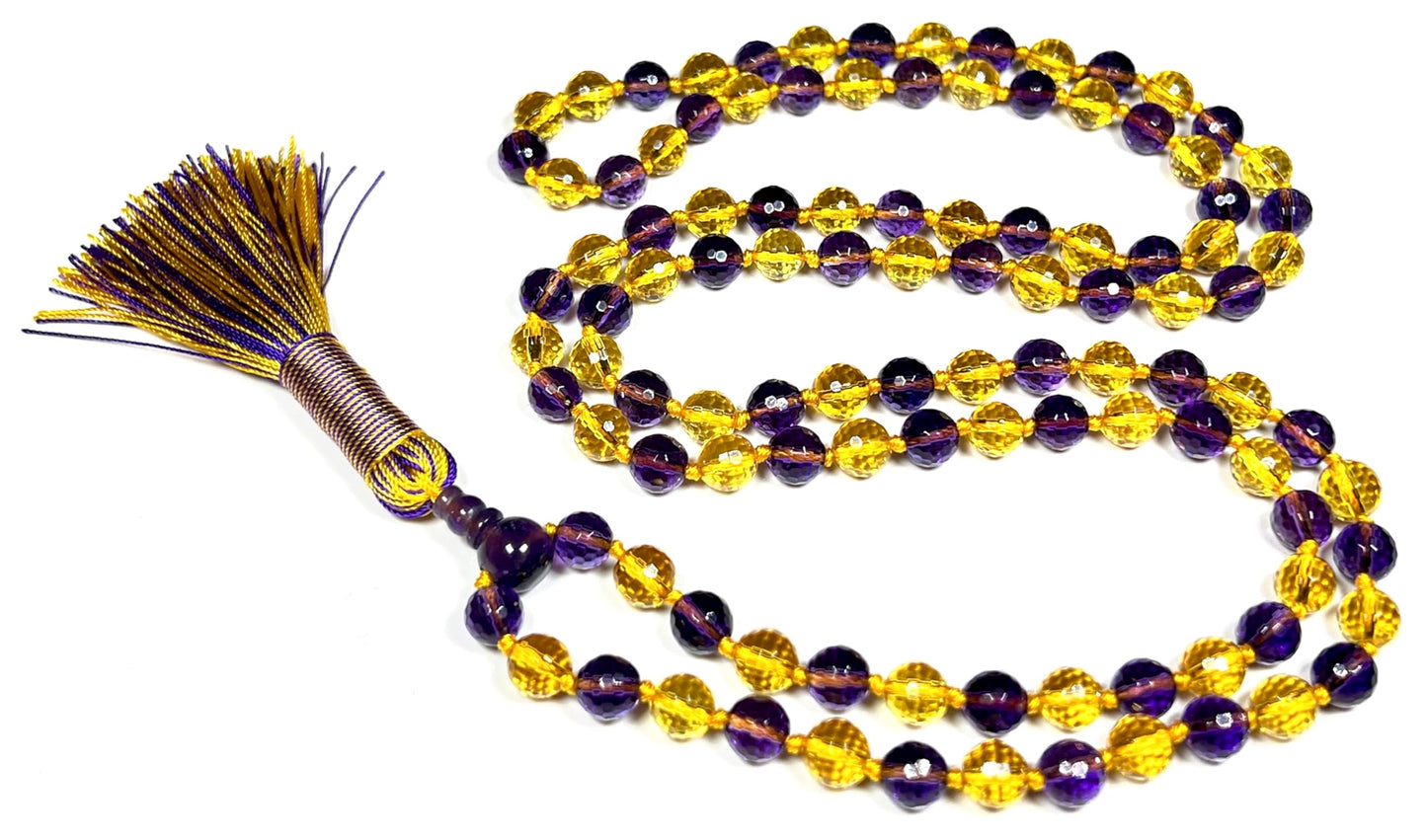 Sun & Moon Harmony Beaded Necklace – Faceted Citrine & Amethyst Crystals | 8mm 108 Mala Beads | Solar Plexus & Crown Chakras | February & November Birthstones | Ethically Sourced