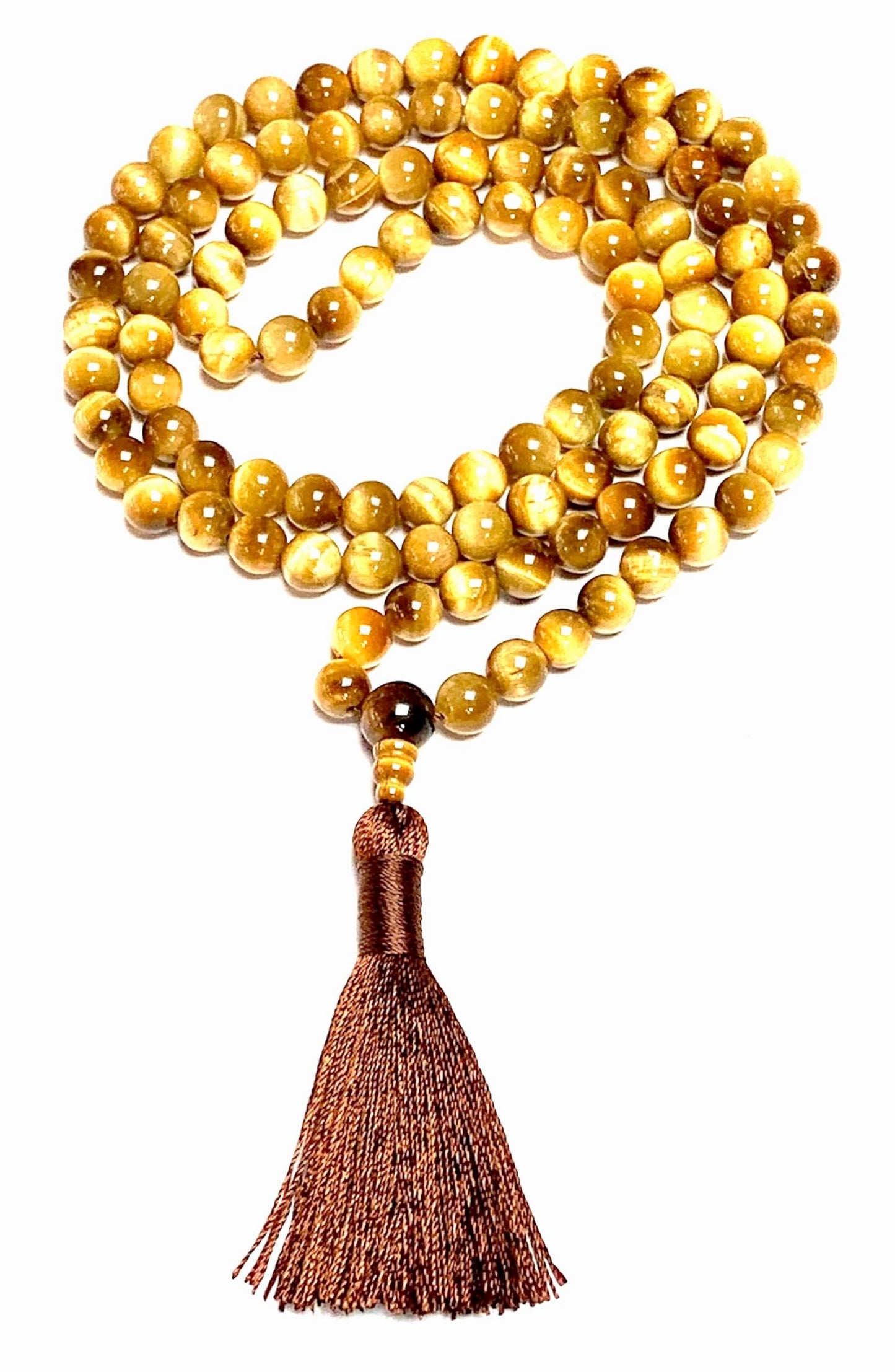 Handmade Tiger's Eye Mala Beads Necklace – 8mm 108 Beads – Multicolor Options – Solar Plexus Chakra & Zodiac Birthstones – Meditation Jewelry