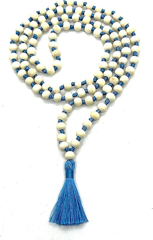 AWAKEN YOUR KUNDALINI Hand Knotted 8mm Tulsi Mala Beads Necklace with Sky Blue String and Tassel - Gemini Sun Sign, Heart Chakra Alignment