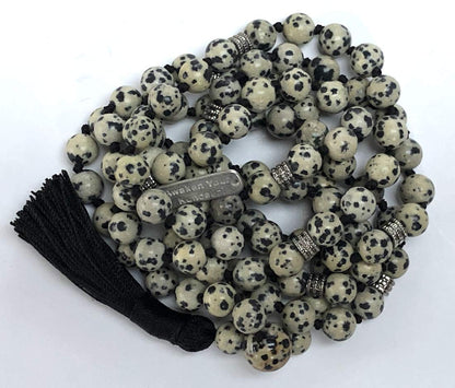 Certified Energized Mala Beads Necklace with COA - Chakra Mala - Japa Mala - 8mm 108 Buddhist Prayer Beads - Meditation Mala - Tassel Necklace – Zodiac/Sun Sign stones (Dalmatian)