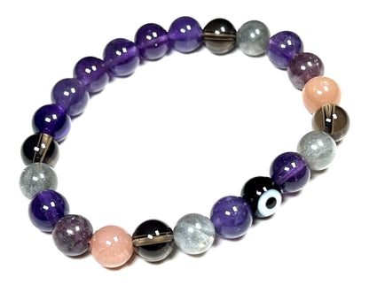 AWAKEN YOUR KUNDALINI Tranquility and Emotional Balance Stretch Bracelet, Evil Eye, Rose Quartz, Amethyst, Smoky Quartz, Labradorite, Charoite