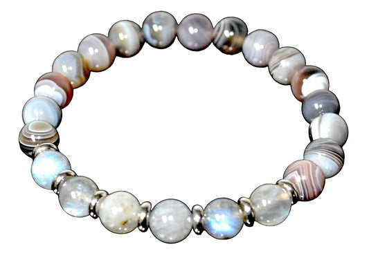 Botswana Agate & Labradorite Stretch Bracelet - Gemini & Pisces Birthstone - Root & Third Eye Chakra