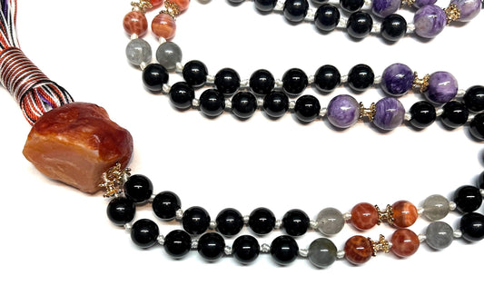 VESTA 108 Hand-Knotted Labradorite, Fire Agate, Tourmaline & Charoite Mala Necklace | Root & Sacral Chakra Healing | Leo, Scorpio & Capricorn Birthstone | Handmade in USA