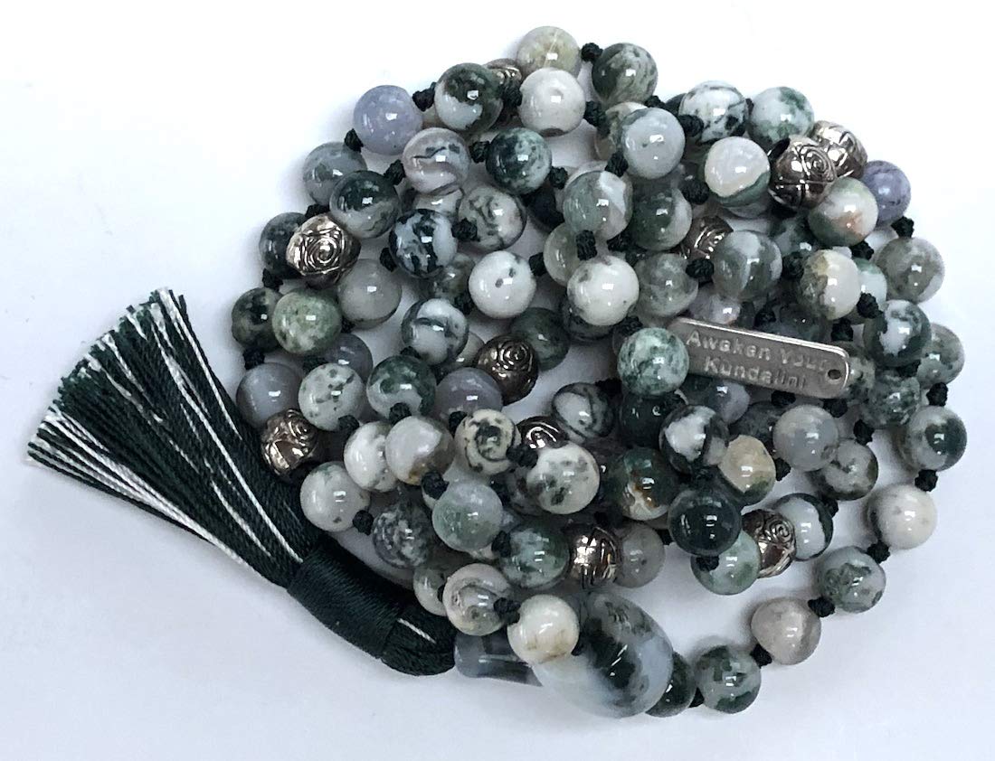 Certified Energized Mala Beads Necklace with COA - Chakra Mala - Japa Mala - 8mm 108 Buddhist Prayer Beads - Meditation Mala - Tassel Necklace – Zodiac/Sun Sign stones (Green Tree Agate)