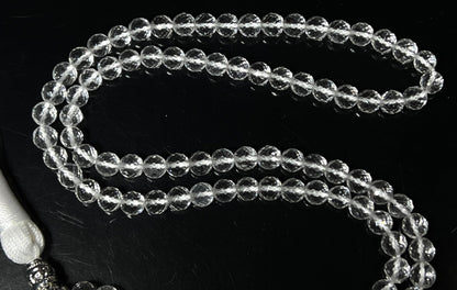 Diamond Cut Crystal Quartz Mala Beads Necklace – 108 Beads – Alloy Guru Bead with "Om Mani Padme Hum" Mantra Inscription – 6mm & 8mm – April Birthstone & Crown Chakra Energy Beads
