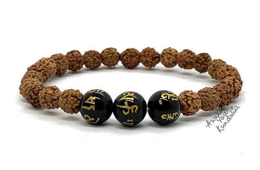 Grounding & Balance: 5 Mukhi Rudraksha Bracelet with Black Obsidian - Capricorn Birthstone - Root & Crown Chakra Harmony