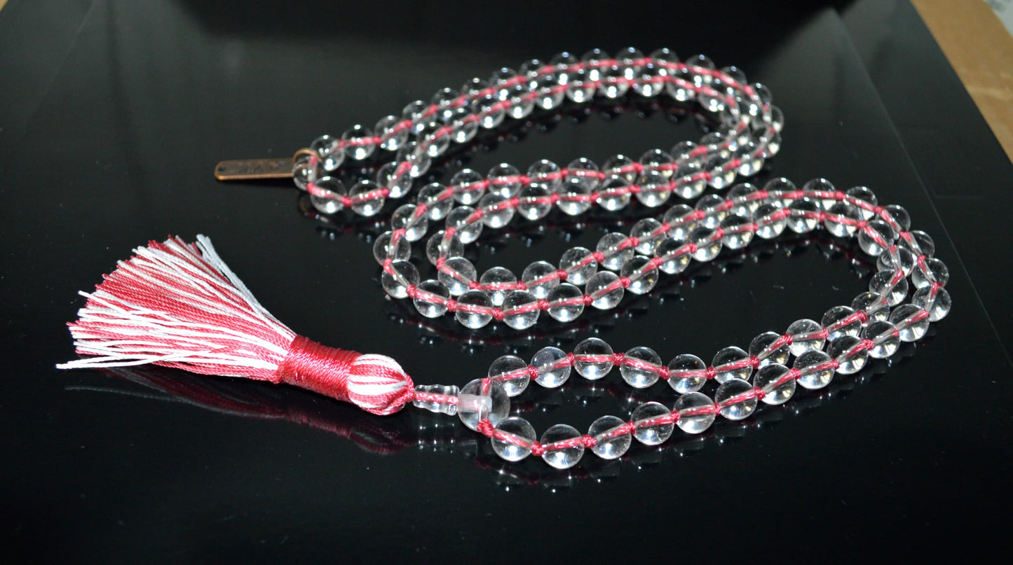 Hand Knotted Clear Crystal Quartz Mala Beads Necklace, 108 Beads, Birthstone for April, Taurus Sun Sign, Crown Chakra, Astrological Sign Aries