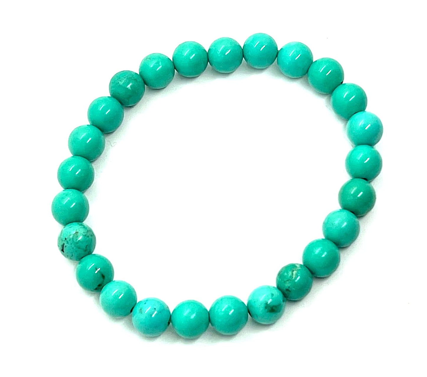 Handmade Teal Turquoise Stretch Bracelet - 8mm Beads - 7.5 Inch Wrist Size - Sagittarius Birthstone - Throat Chakra