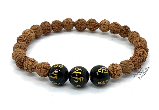Grounding & Balance: 5 Mukhi Rudraksha Bracelet with Black Obsidian - Capricorn Birthstone - Root & Crown Chakra Harmony