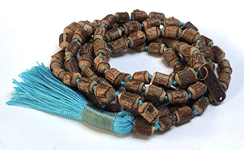 Tulsi mala beads necklace - Energized hand knotted Holy Basil 108 beads w/Velvet Pouch - PURE RAW CUT ROUGH Prayer beads - chanting mantra Meditation - Red Blue Green Orange String (SKY BLUE)