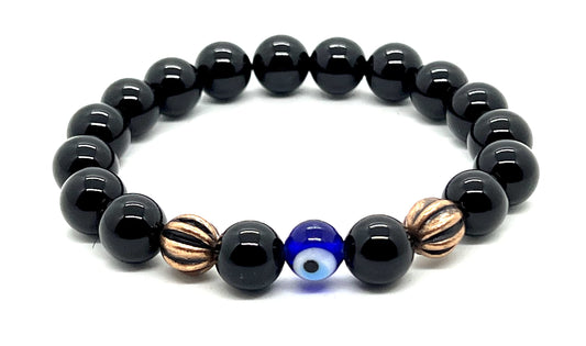 Evil eye Black Onyx bracelet Protective mala beads healing crystal wrist stretch Bracelet 10mm Root Chakra beads Copper healing Bracelet w/copper alloy spacers, Repels negativity