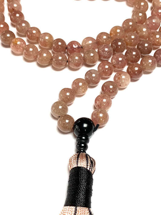 Awaken Your Kundalini Crystals Mala Beads Necklace Reiki healing stones Blessed & Energized Handmade 108 Buddhist Prayer Beads - Comes w/Velvet Pouch (Strawberry Quartz, 8 mm)