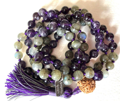 Amethyst & Labradorite Mala Necklace with Rudraksha | SOMA Collection