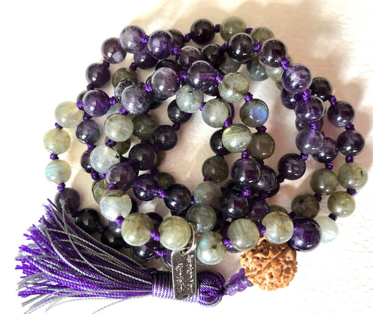 Amethyst & Labradorite Mala Necklace with Rudraksha | SOMA Collection