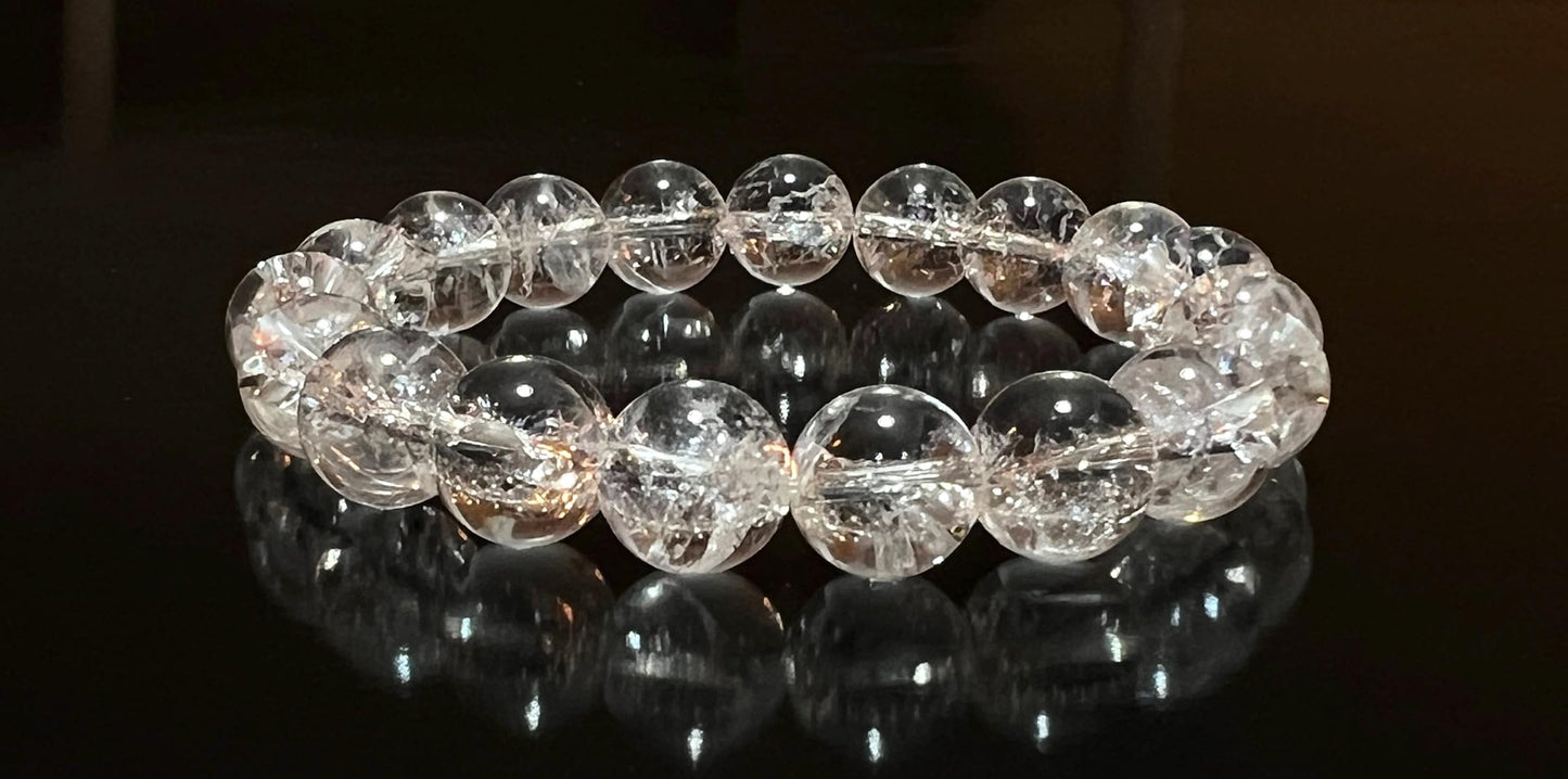 Himalayan Ice Nirvana Crystal Quartz Stretch Bracelet - 10mm AAAAA Grade - April Birthstone, Aries - Crown Chakra