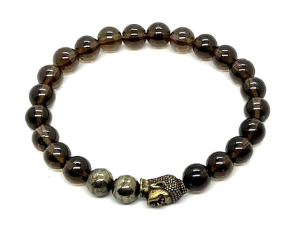 Cultivate Grounding & Transformation: Capricorn Birthstone - Smoky Quartz & Pyrite Root & Solar Plexus Chakra Mala Bracelet (8mm Beads) - Unisex - Buddha Head Spacer