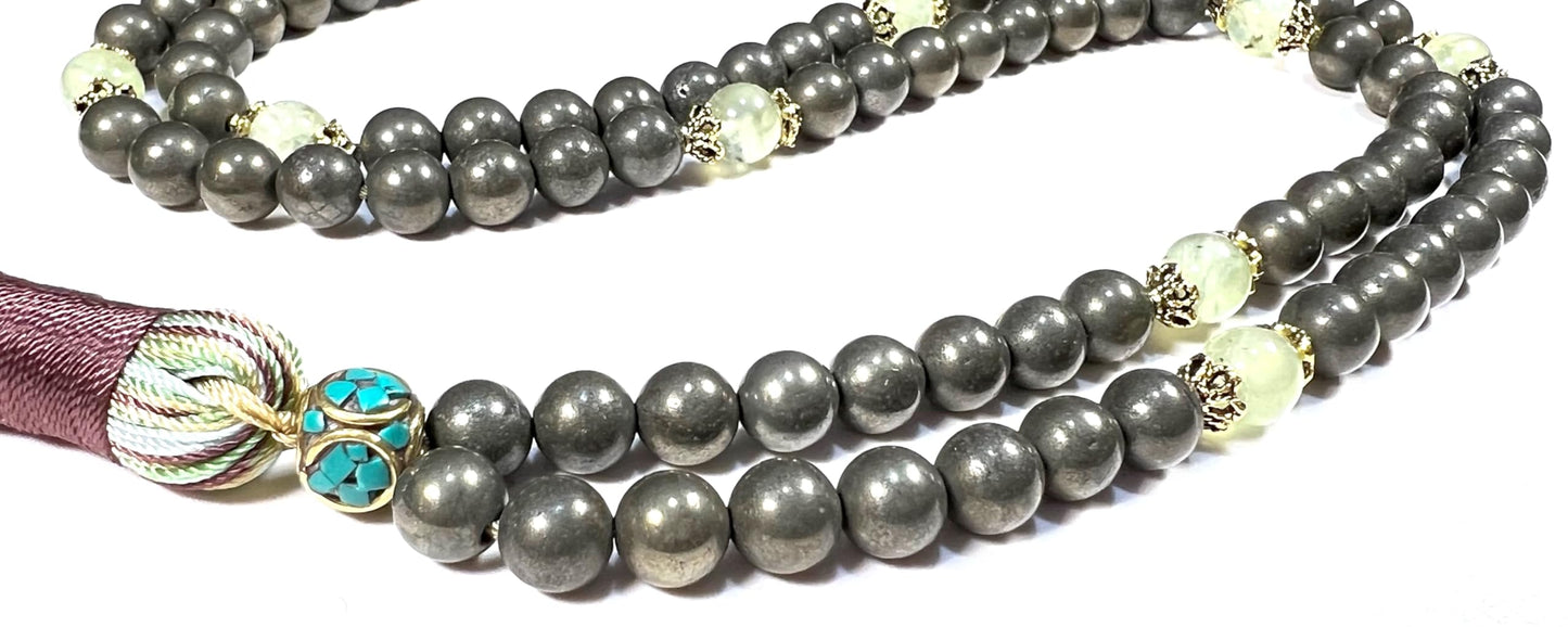 Pyrite and Prehnite Mala Necklace – 8mm 108 Beads – August and February Birthstone – Leo and Pisces Zodiac Mala – Solar Plexus and Heart Chakra Necklace