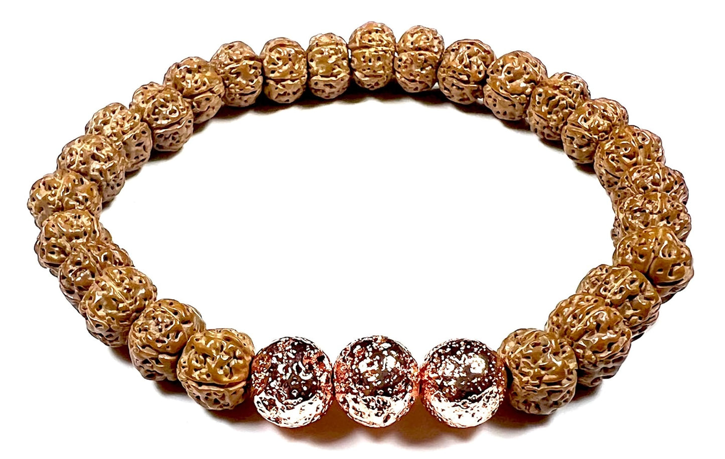 Handmade 5 Mukhi Chikna Rudraksha & Rose Gold Lava Bead Bracelet - Root Chakra Balance & Universal Birthstone - Strength & Harmony