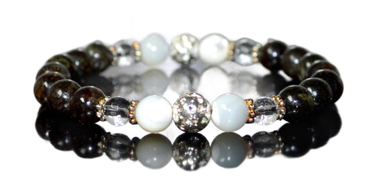 Astrophyllite, Crystal Quartz, Lava & Mother of Pearl Stretch Bracelet - Birthstone for April & June - Zodiac Sun Sign for Aries, Taurus, Gemini Cancer - Crown Chakra