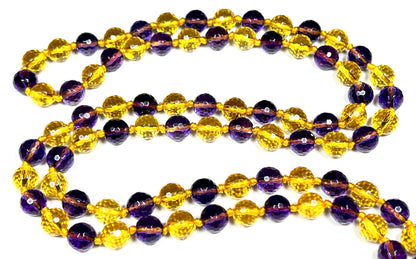 Sun & Moon Harmony Beaded Necklace – Faceted Citrine & Amethyst Crystals | 8mm 108 Mala Beads | Solar Plexus & Crown Chakras | February & November Birthstones | Ethically Sourced