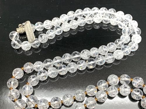 Handmade Himalayan Ice Crystal Quartz Mala Beads Necklace – Pyrite Guru Bead | 8mm 108 Beads | Crown & Solar Plexus Chakras | April Birthstone Energy | Ethically Sourced