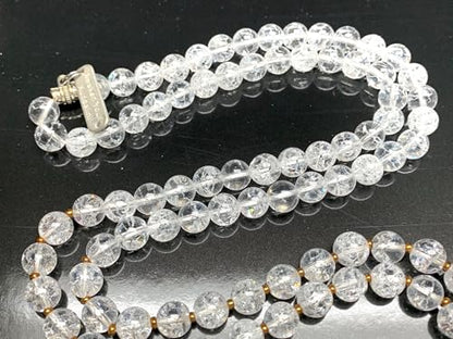 Handmade Himalayan Ice Crystal Quartz Mala Beads Necklace – Pyrite Guru Bead | 8mm 108 Beads | Crown & Solar Plexus Chakras | April Birthstone Energy | Ethically Sourced