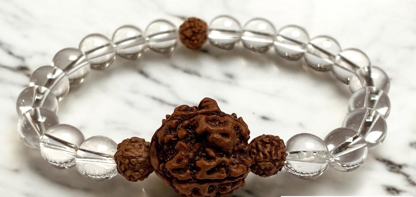 AWAKEN YOUR KUNDALINI Crystal Quartz and 5 Mukhi Rudraksha Stretch Bracelet, Crown Chakra Healing, Clarity and Spiritual Growth