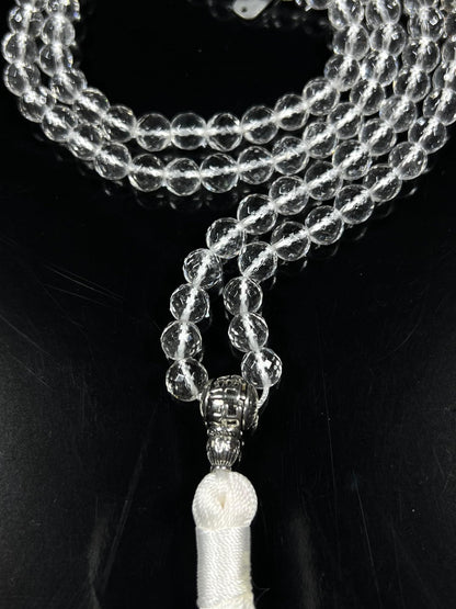 Awaken Your Kundalini Crystals Mala Beads Necklace Reiki Healing Stones Blessed & Energized Handmade 108 Buddhist Prayer Beads - Comes w/Velvet Pouch (Crystal Quartz Diamond cut, 8 mm)