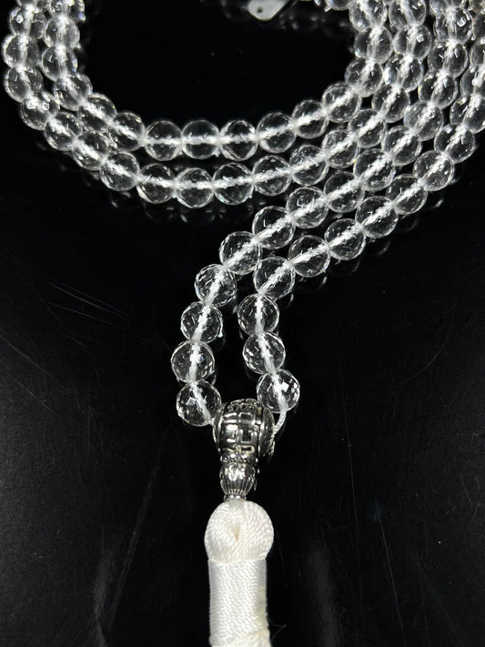 Awaken Your Kundalini Crystals Mala Beads Necklace Reiki Healing Stones Blessed & Energized Handmade 108 Buddhist Prayer Beads - Comes w/Velvet Pouch (Crystal Quartz Diamond cut, 8 mm)