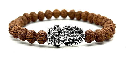 Rudraksha Beads Stretchable Bracelet - 8mm Real Chikna Rudraksh Beads - w/God Ganesha Ganesh Ganpati - Wrist Size 7.5 Inches
