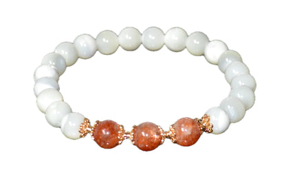 Mother of Pearl and AAAAA Grade Sunstone Beads Stretch Bracelet – Solar Plexus Chakra, Leo Birthstone