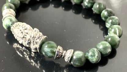 Seraphinite Stretch Bracelet with Choice of Alloy Silver Finish Mother Mary & Holy Cross or Lord Ganesha - Universal Birthstone - Heart & Crown Chakra